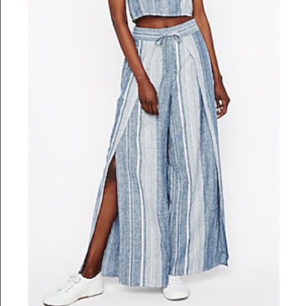 High Waist Striped Linen-Blend Wide-Leg Split Pant